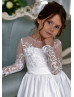 Sheer Long Sleeve Ivory Lace Satin Flower Girl Dress